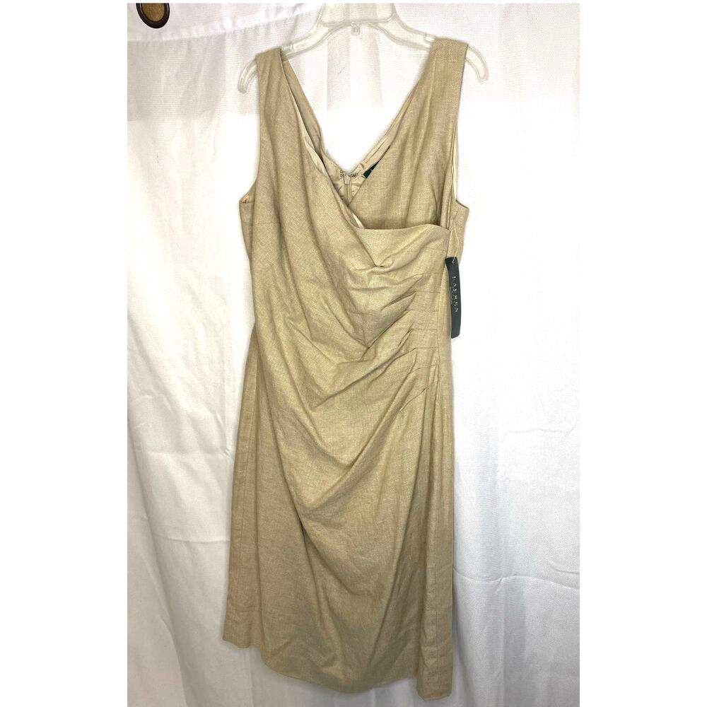 Ralph Lauren Beige Linen Blend Faux Wrap Sleeveless Bodycon Dress Size 12